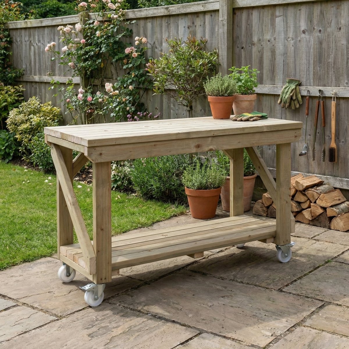 Indoor/outdoor workbench, pressure treated bench with wheels - Dandys Landscape Supplies