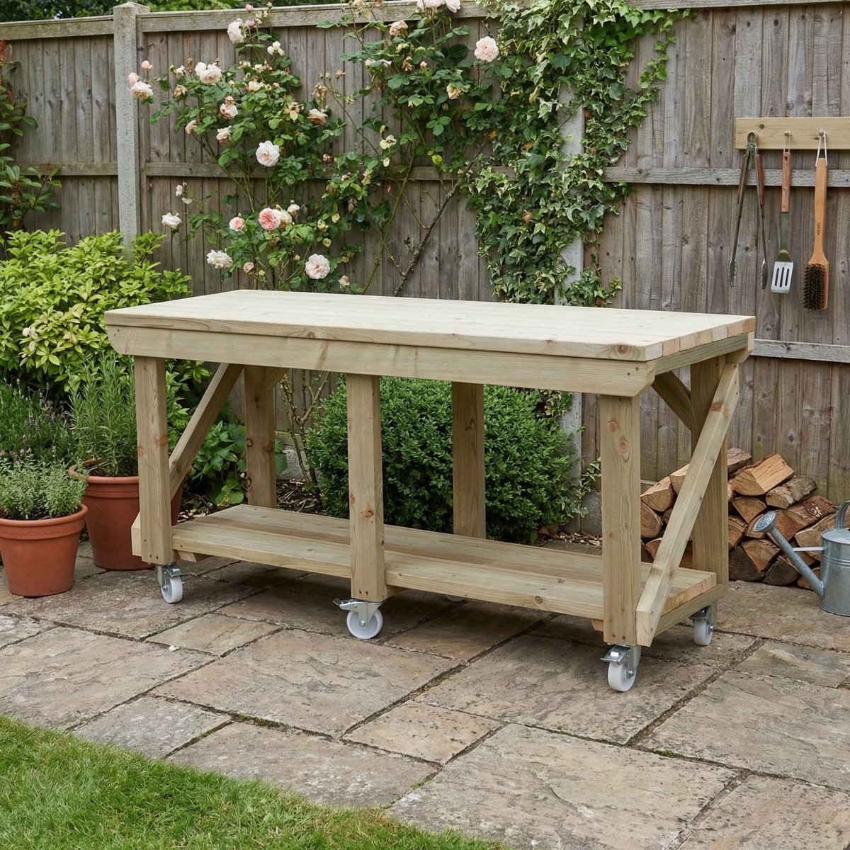 Indoor/outdoor workbench, pressure treated bench with wheels - Dandys Landscape Supplies