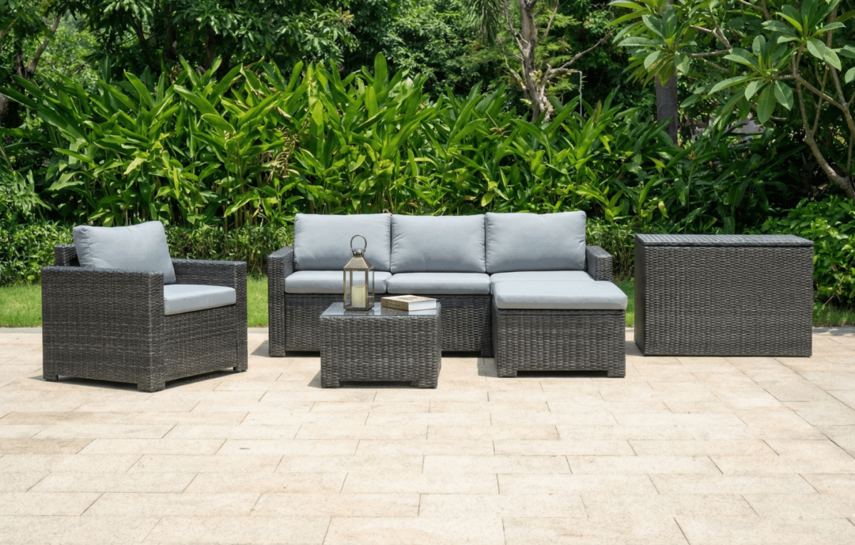 Marbella Grey 5 Seater Chaise Garden Sofa Set and Cushion Box Bundle - Dandys Landscape Supplies