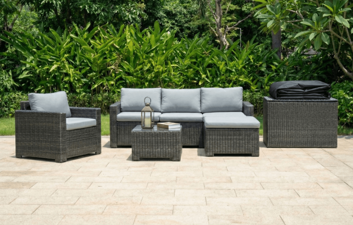 Marbella Grey 5 Seater Chaise Garden Sofa Set, Cover and Cushion Box Bundle - Dandys Landscape Supplies