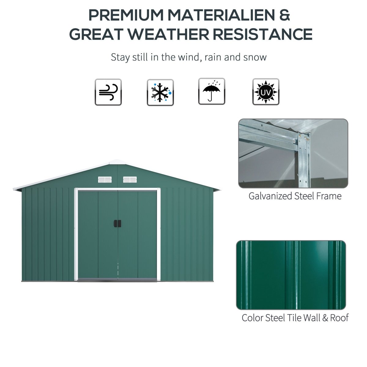 Outsunny 12.5 x 11.1ft Steel Sliding Door Storage Shed - Green - Dandys Landscape Supplies