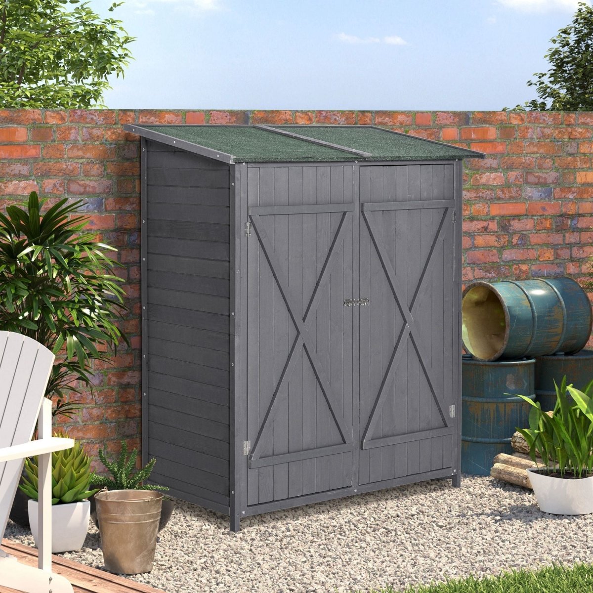 Outsunny 139 x 75 Fir Wood Garden Shed, with Asphalt Roof - Grey - Dandys Landscape Supplies