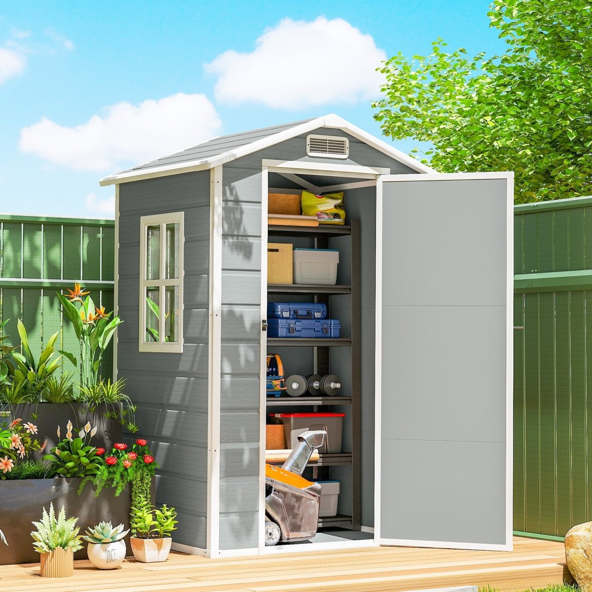 Outsunny 4 x 3 ft Plastic Garden Shed with Floor, Outdoor Storage Shed with Lockable Door, Window and Vent, Light Grey - Dandys Landscape Supplies