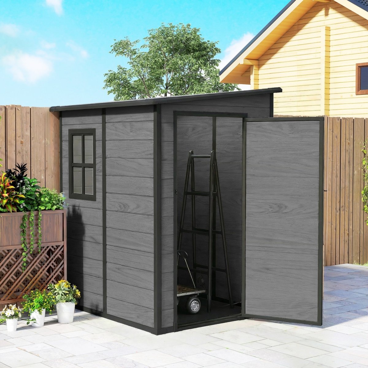 Outsunny 4'x5' Garden Storage Shed, Lean to Shed, Lockable Garden Shed with Window, Vent and Plastic Roof, Wood-Effect - Dandys Landscape Supplies