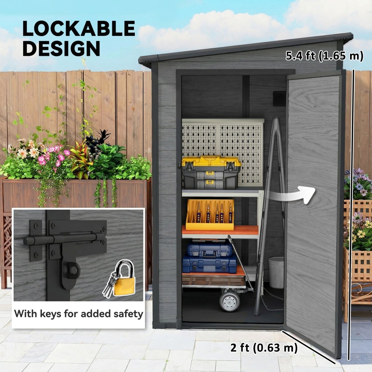 Outsunny 4'x5' Garden Storage Shed, Lean to Shed, Lockable Garden Shed with Window, Vent and Plastic Roof, Wood-Effect - Dandys Landscape Supplies