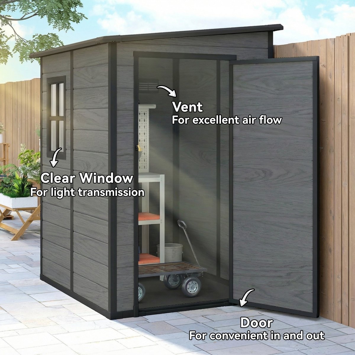Outsunny 4'x5' Garden Storage Shed, Lean to Shed, Lockable Garden Shed with Window, Vent and Plastic Roof, Wood-Effect - Dandys Landscape Supplies