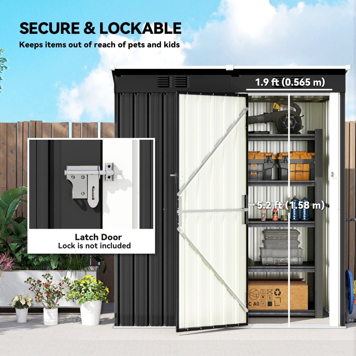 Outsunny 5 x 3 ft Lean-to Garden Shed, Outdoor Storage Shed with Lockable Door and Vents, Dark Grey - Dandys Landscape Supplies