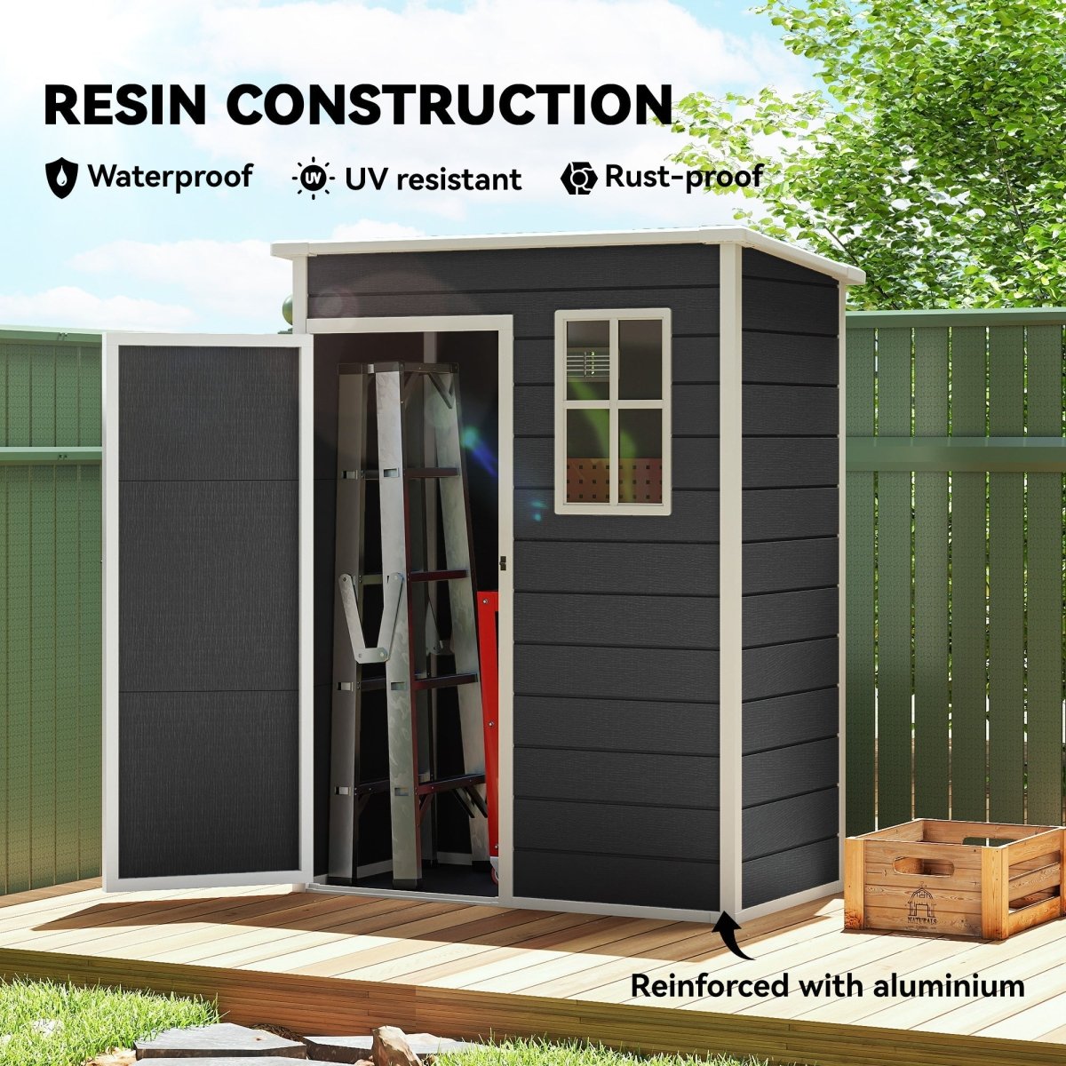 Outsunny 5' x 3' Garden Shed with Floor, Outdoor Storage Shed with Lockable Door, Window and Vent, Black - Dandys Landscape Supplies