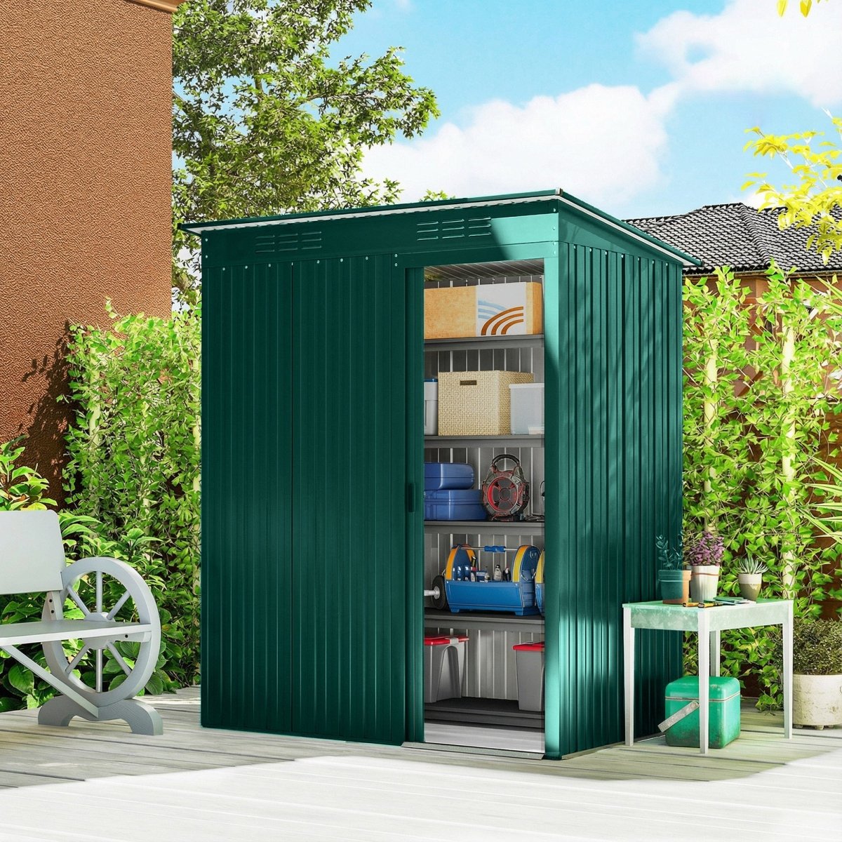 Outsunny 5 x 3.5ft Metal Garden Storage Shed with Effortless Assembly and 2 Pairs of Gloves, Waterproof Outdoor Shed, Green - Dandys Landscape Supplies