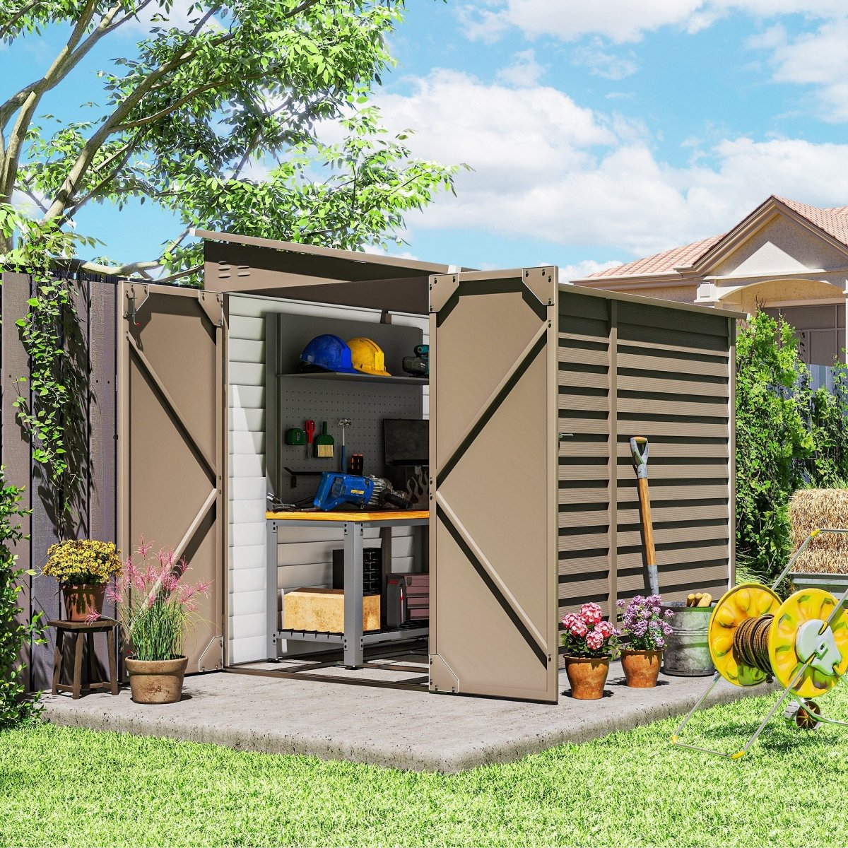 Outsunny 5 x 9ft Galvanised Metal Garden Shed with Foundation Kit, Outdoor Lean-to Shed, Tool Storage House with Lockable Doors, Gloves and 2 Air Vents for Patio, Garden, Brown - Dandys Landscape Supplies