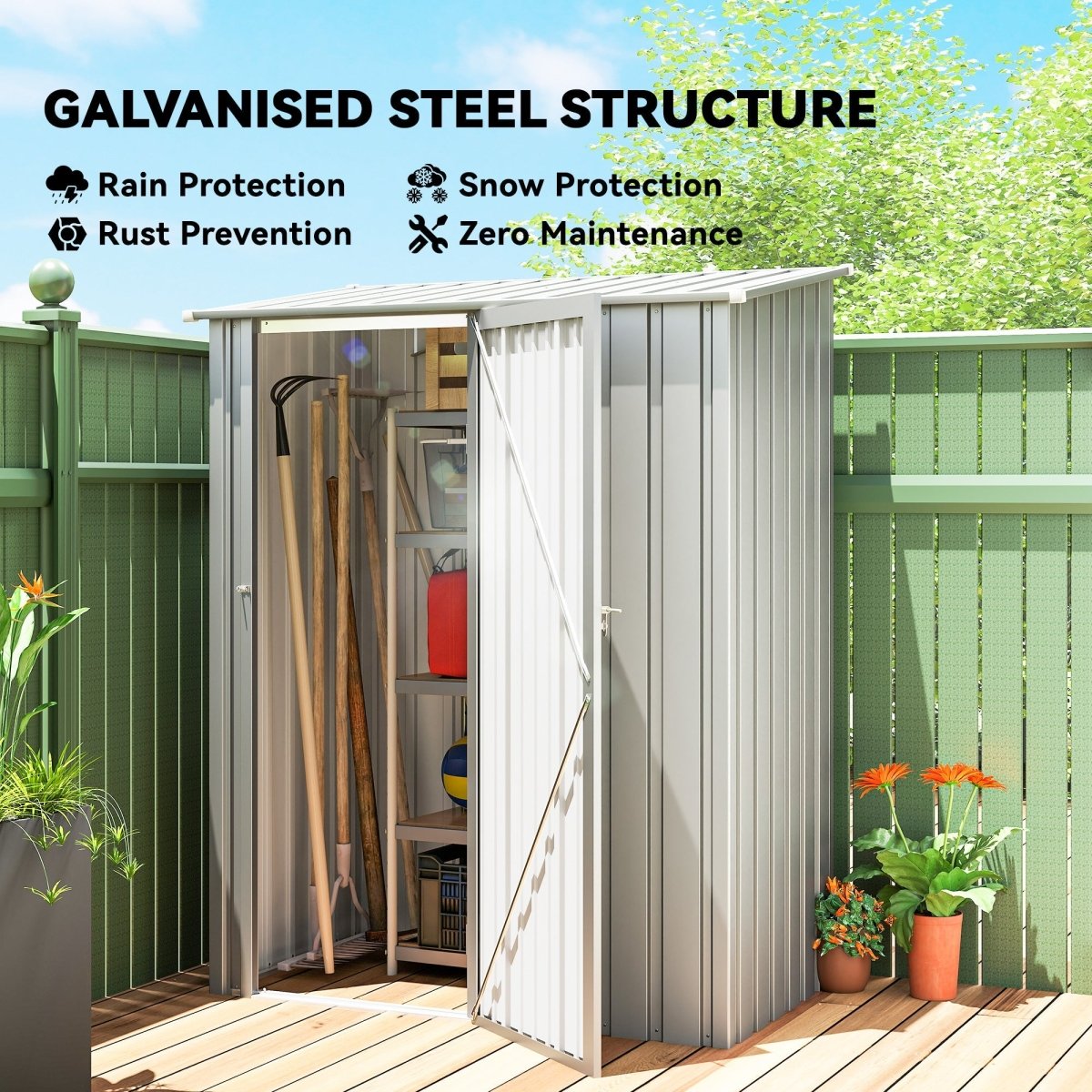 Outsunny 5ft x 3ft Garden Storage Shed, Outdoor Metal Shed with Sloped Roof, Aluminium Grey - Dandys Landscape Supplies