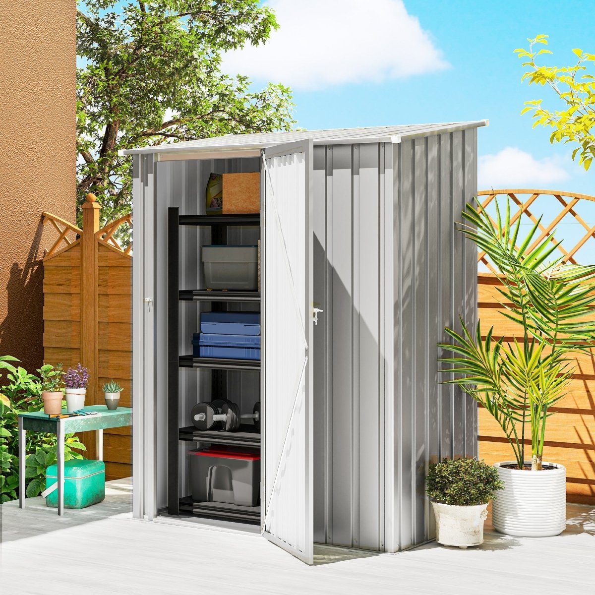 Outsunny 5ft x 3ft Garden Storage Shed, Outdoor Metal Shed with Sloped Roof, Aluminium Grey - Dandys Landscape Supplies