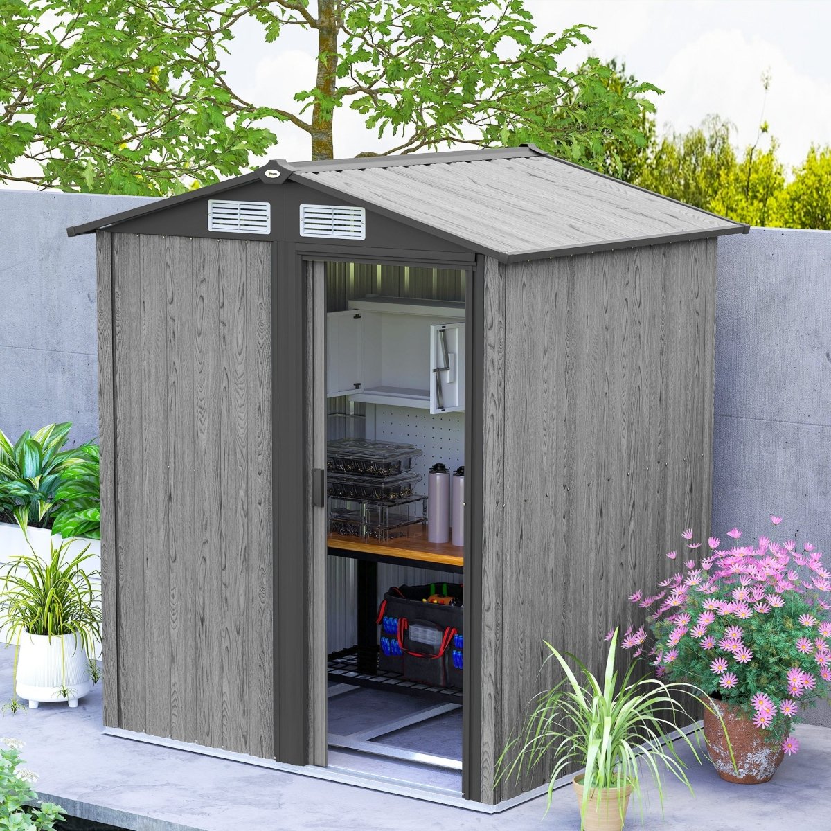 Outsunny 5ft x 4.3ft Outdoor Garden Storage Shed - Grey Wood Effect - Dandys Landscape Supplies