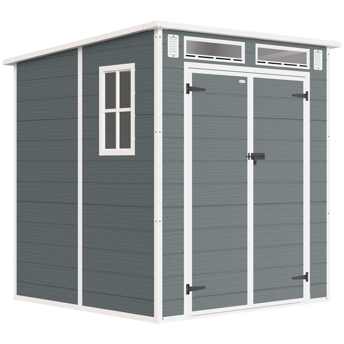 Outsunny 6 x 6 ft Plastic Garden Shed, Wood-Effect Outdoor Storage Shed with Floor, Windows, Lockable Doors and Vents, Grey - Dandys Landscape Supplies