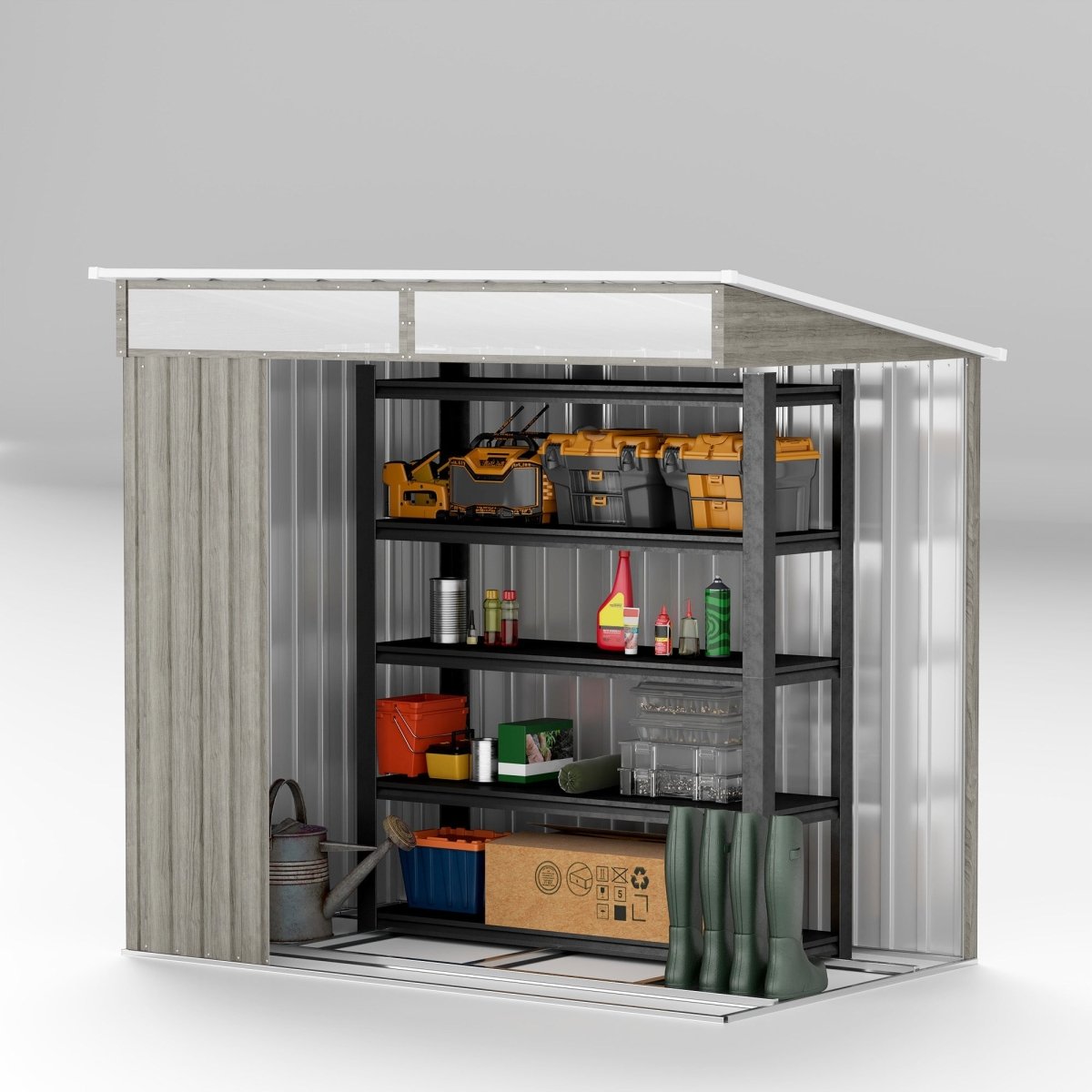 Outsunny 6.5 x 4FT Galvanised Metal Shed with Foundation Kit, Lockable Tool Garden Shed with Double Sliding Doors, Vents, Light Grey Wood Effect - Dandys Landscape Supplies