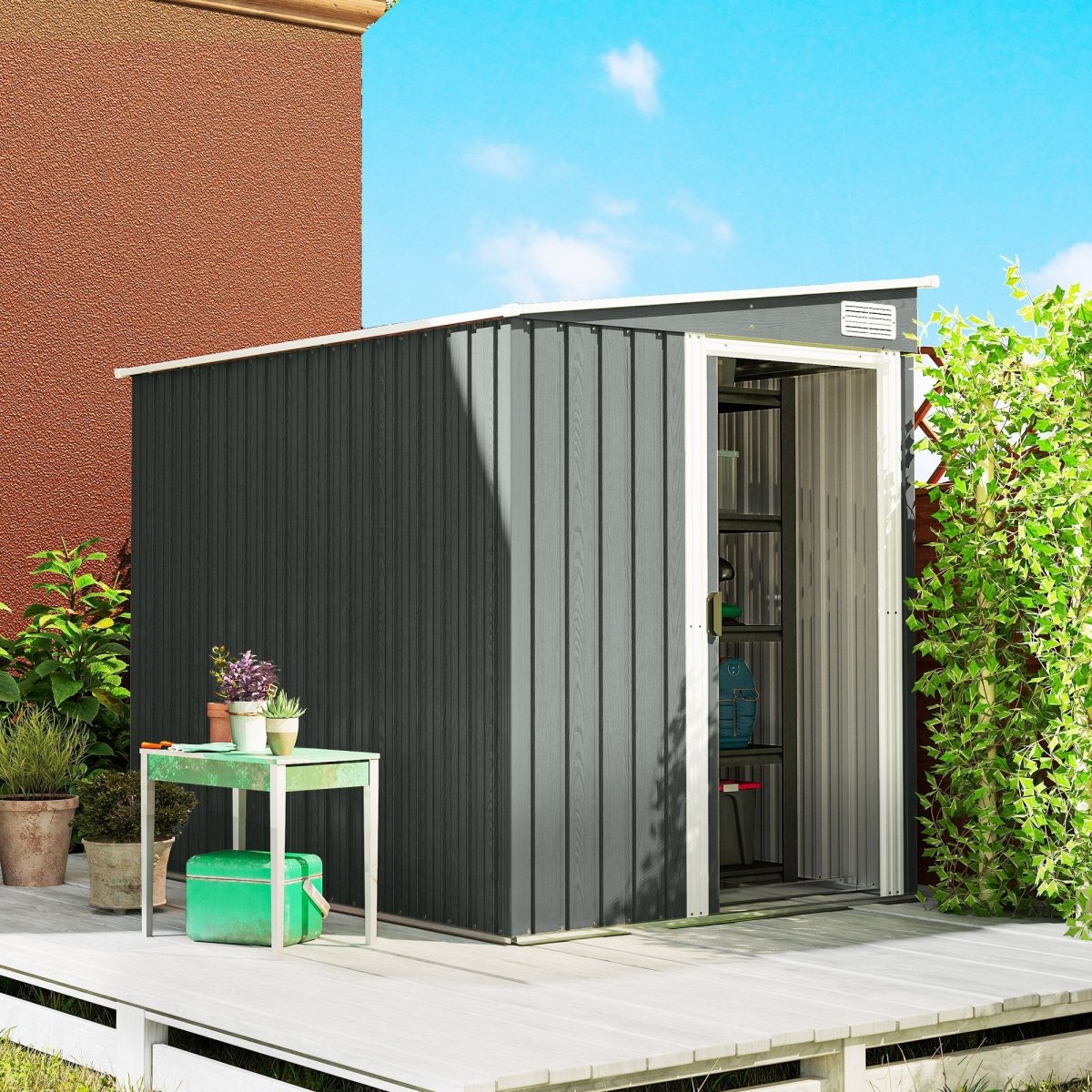 Outsunny 7 x 5ft Galvanised Metal Shed, with Sliding Door - Light Grey - Dandys Landscape Supplies