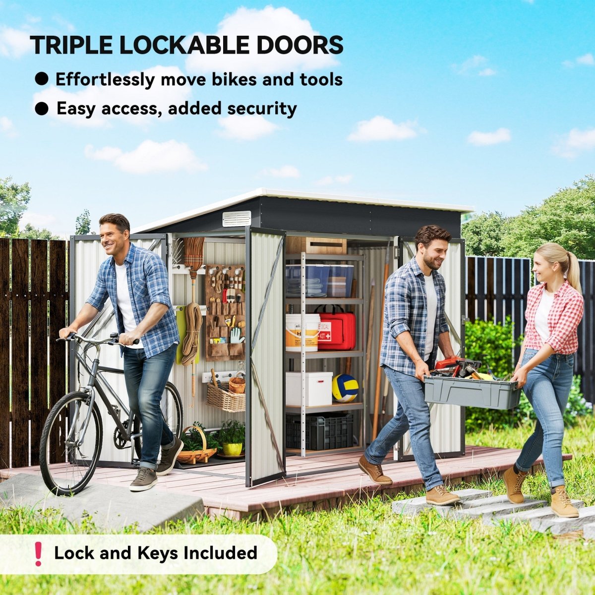 Outsunny 7.5 x 4.3ft Metal Garden Storage Shed, Waterproof Outdoor Shed with Triple Lockable Door, Gloves, Vents, Dark Grey - Dandys Landscape Supplies