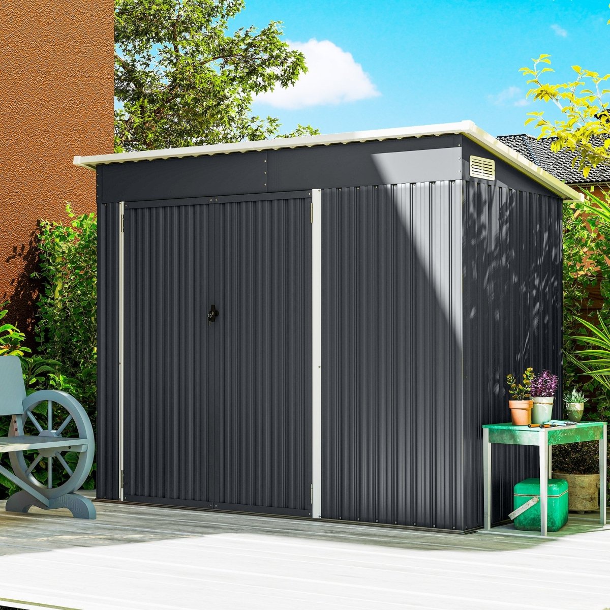 Outsunny 7.5 x 4.3ft Metal Garden Storage Shed, Waterproof Outdoor Shed with Triple Lockable Door, Gloves, Vents, Dark Grey - Dandys Landscape Supplies