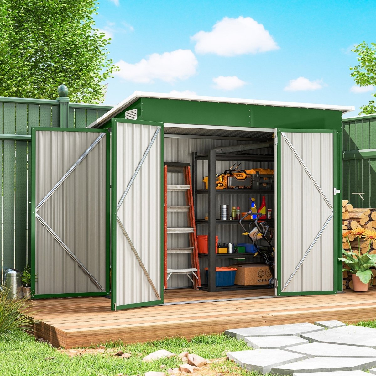 Outsunny 7.5 x 4.3ft Metal Garden Storage Shed, Waterproof Outdoor Shed with Triple Lockable Door, Gloves, Vents, Green - Dandys Landscape Supplies