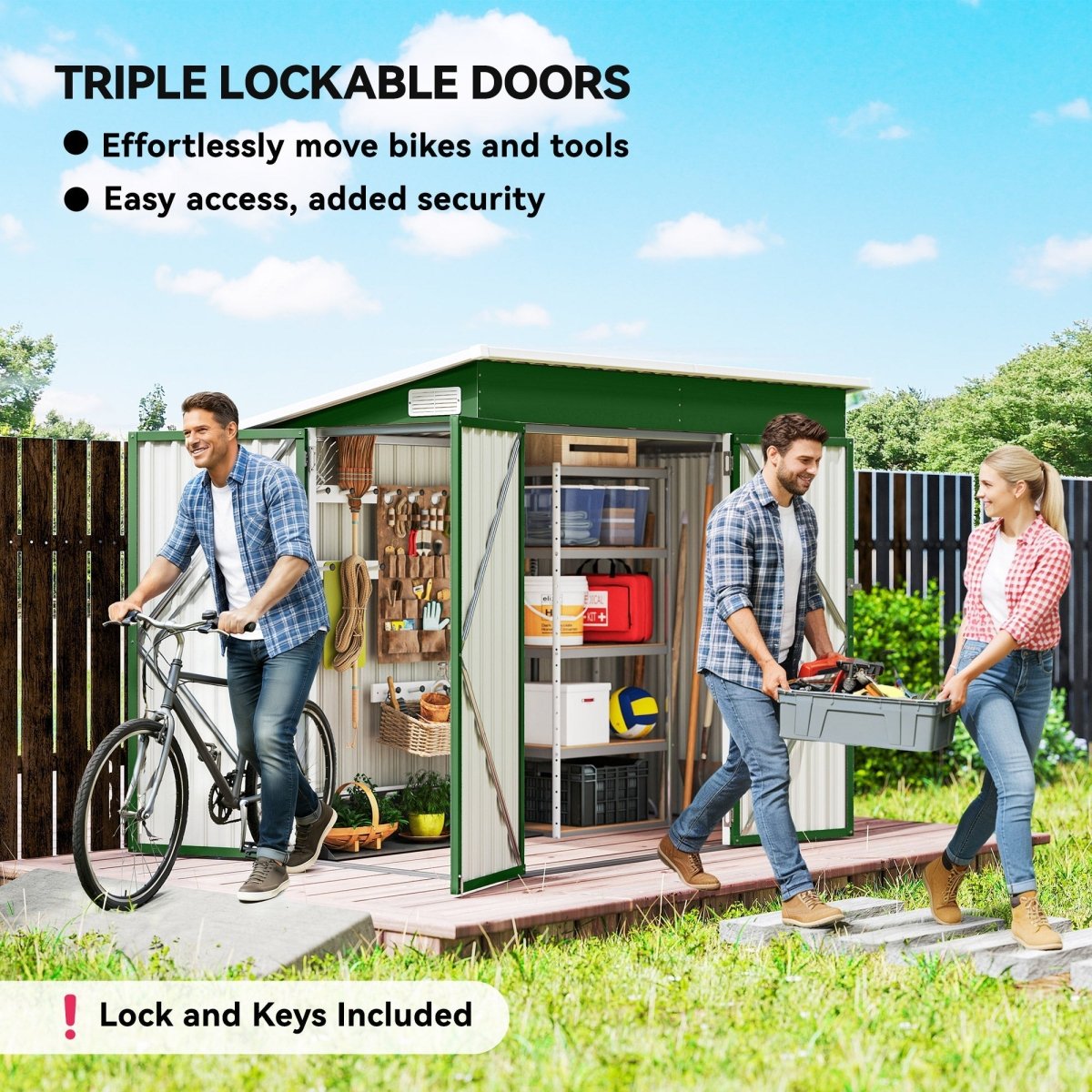 Outsunny 7.5 x 4.3ft Metal Garden Storage Shed, Waterproof Outdoor Shed with Triple Lockable Door, Gloves, Vents, Green - Dandys Landscape Supplies