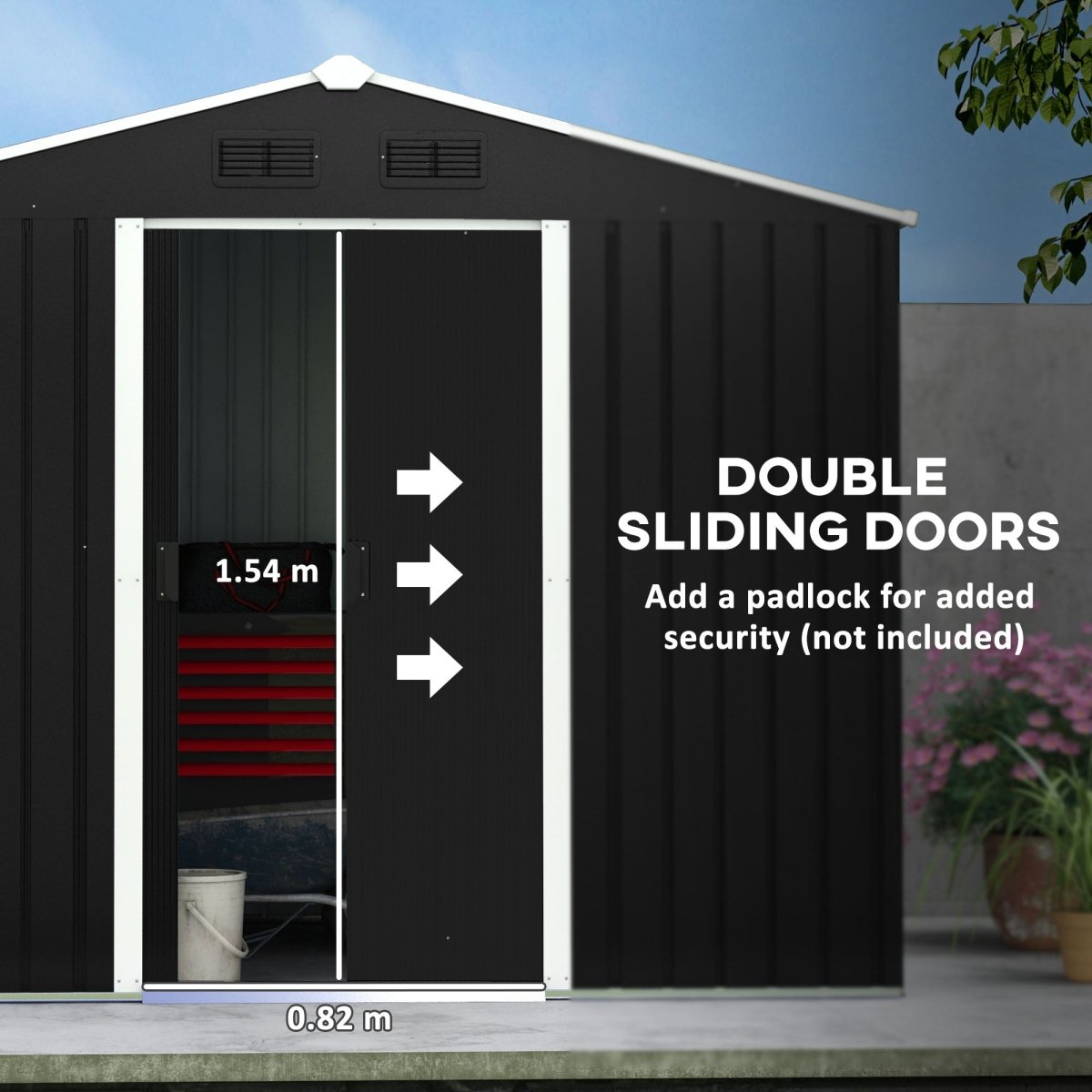 Outsunny 7.7 x 5.7ft Metal Garden Shed, Galvanised Outdoor Tool Storage House with Ventilation Slots and Sliding Doors, Grey - Dandys Landscape Supplies