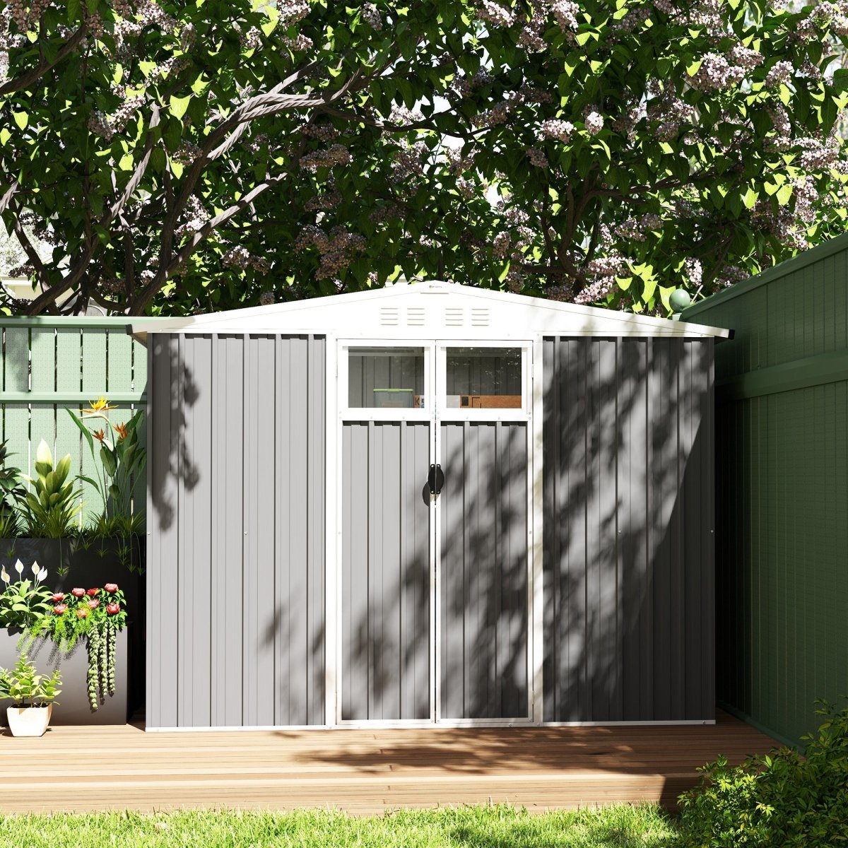Outsunny 8 x 4 ft Metal Garden Shed, Garden Storage Shed with Window, 4 Vents and Lockable Door, Waterproof Galvanised Steel Tool Storage Shed, Light Grey - Dandys Landscape Supplies