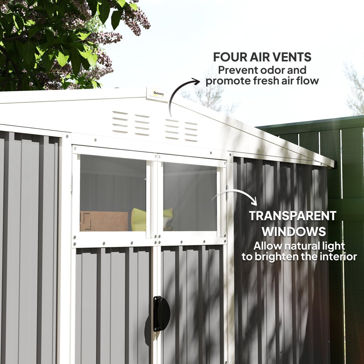 Outsunny 8 x 4 ft Metal Garden Shed, Garden Storage Shed with Window, 4 Vents and Lockable Door, Waterproof Galvanised Steel Tool Storage Shed, Light Grey - Dandys Landscape Supplies