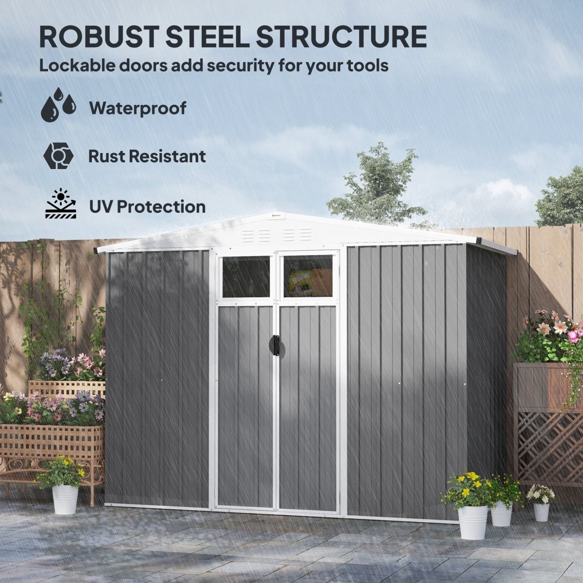 Outsunny 8 x 4 ft Metal Garden Shed, Garden Storage Shed with Window, 4 Vents and Lockable Door, Waterproof Galvanised Steel Tool Storage Shed, Light Grey - Dandys Landscape Supplies