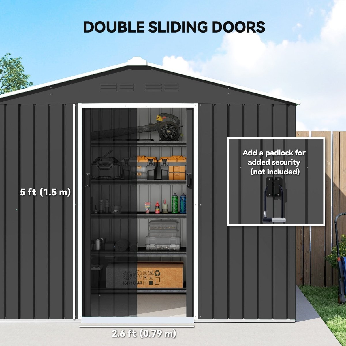 Outsunny 8 x 6ft Galvanised Steel Shed, with Double Door - Dark Grey - Dandys Landscape Supplies