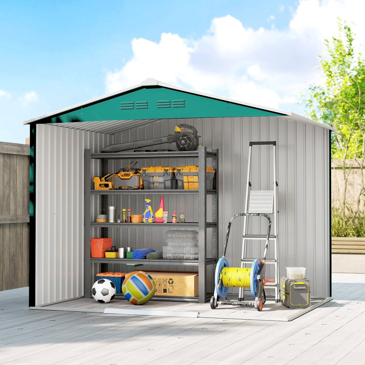 Outsunny 8 x 6ft Galvanised Steel Shed, with Double Door - Green - Dandys Landscape Supplies