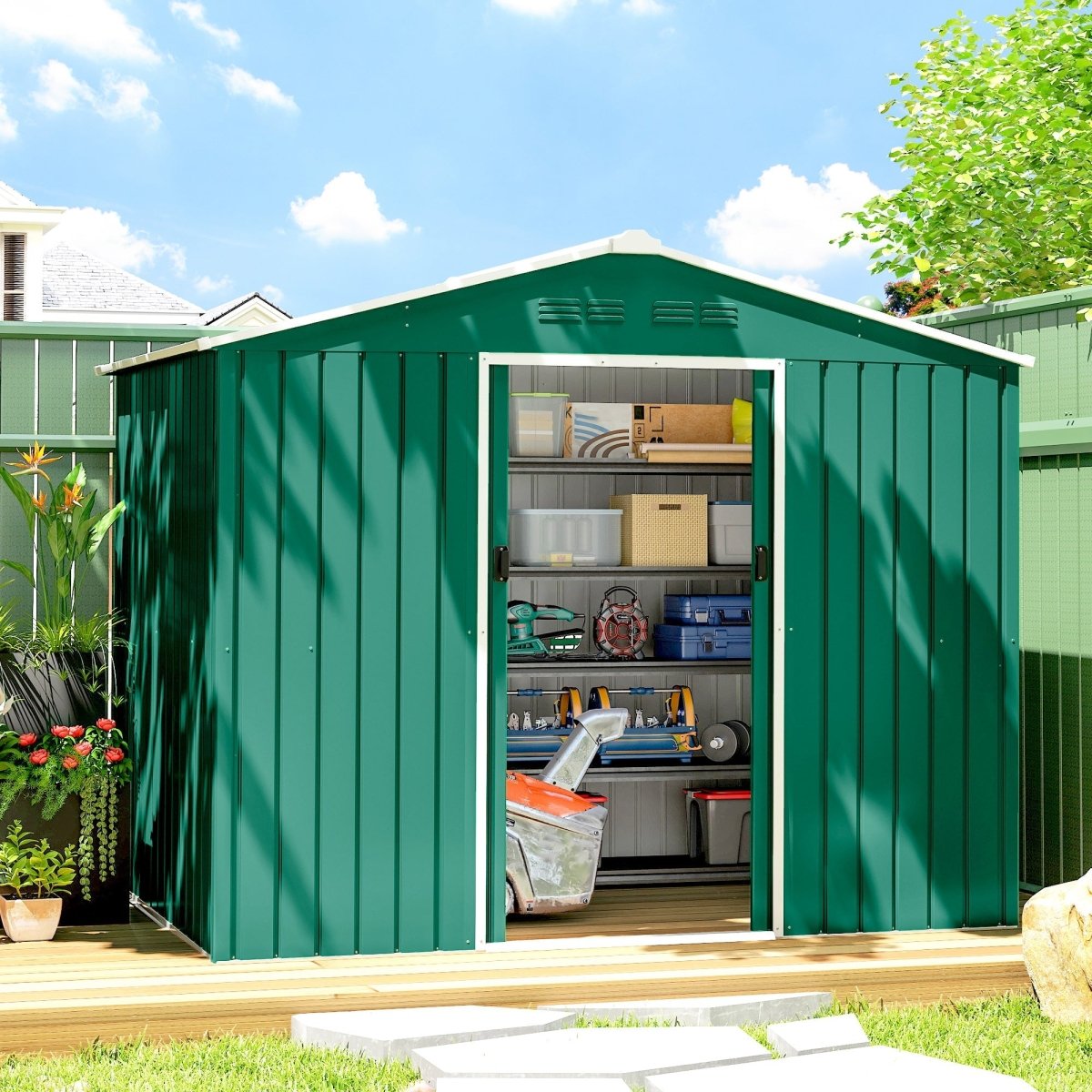 Outsunny 8 x 6ft Galvanised Steel Shed, with Double Door - Green - Dandys Landscape Supplies