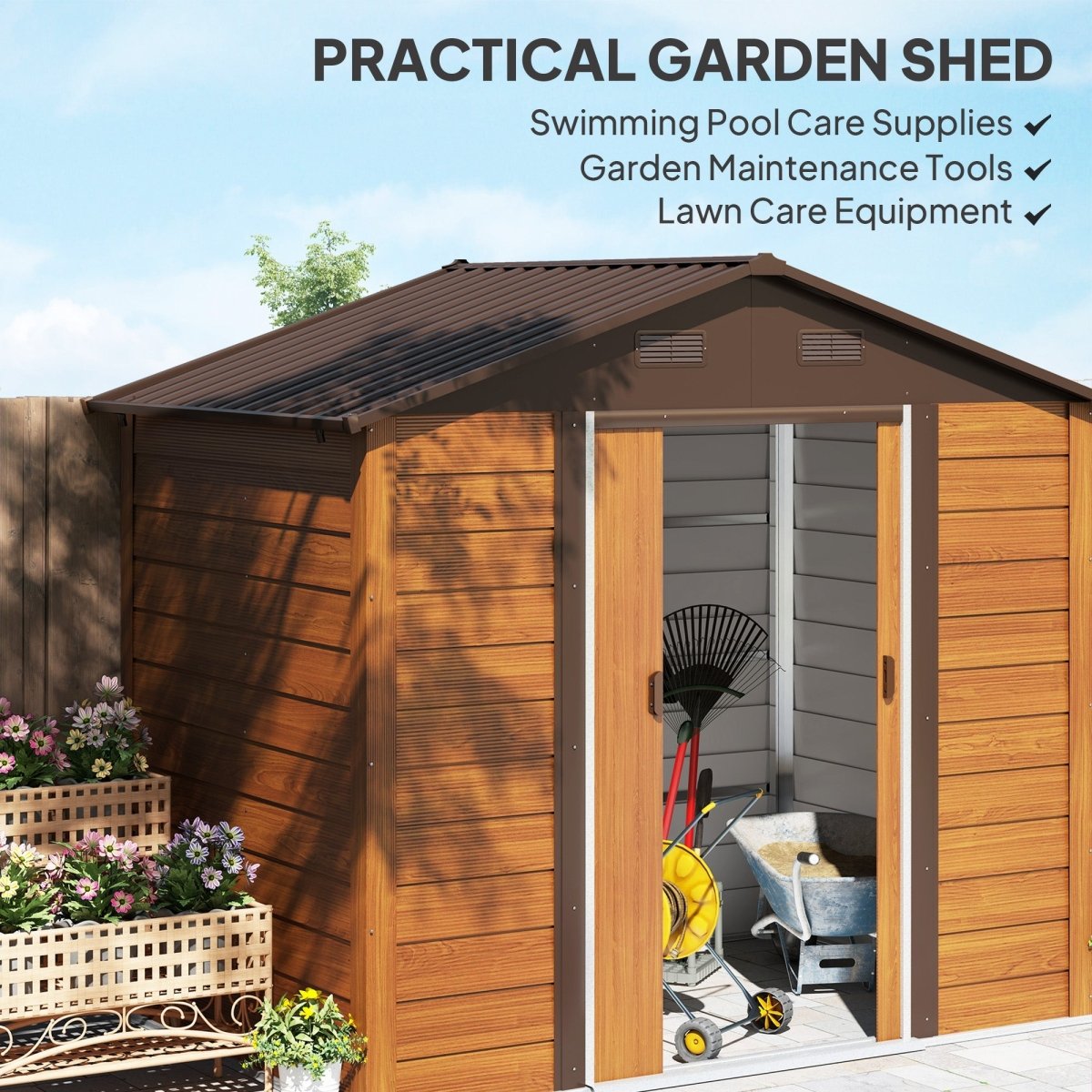 Outsunny 8 x 6ft Garden Storage Shed with Sliding Door - Brown Wood Effect - Dandys Landscape Supplies