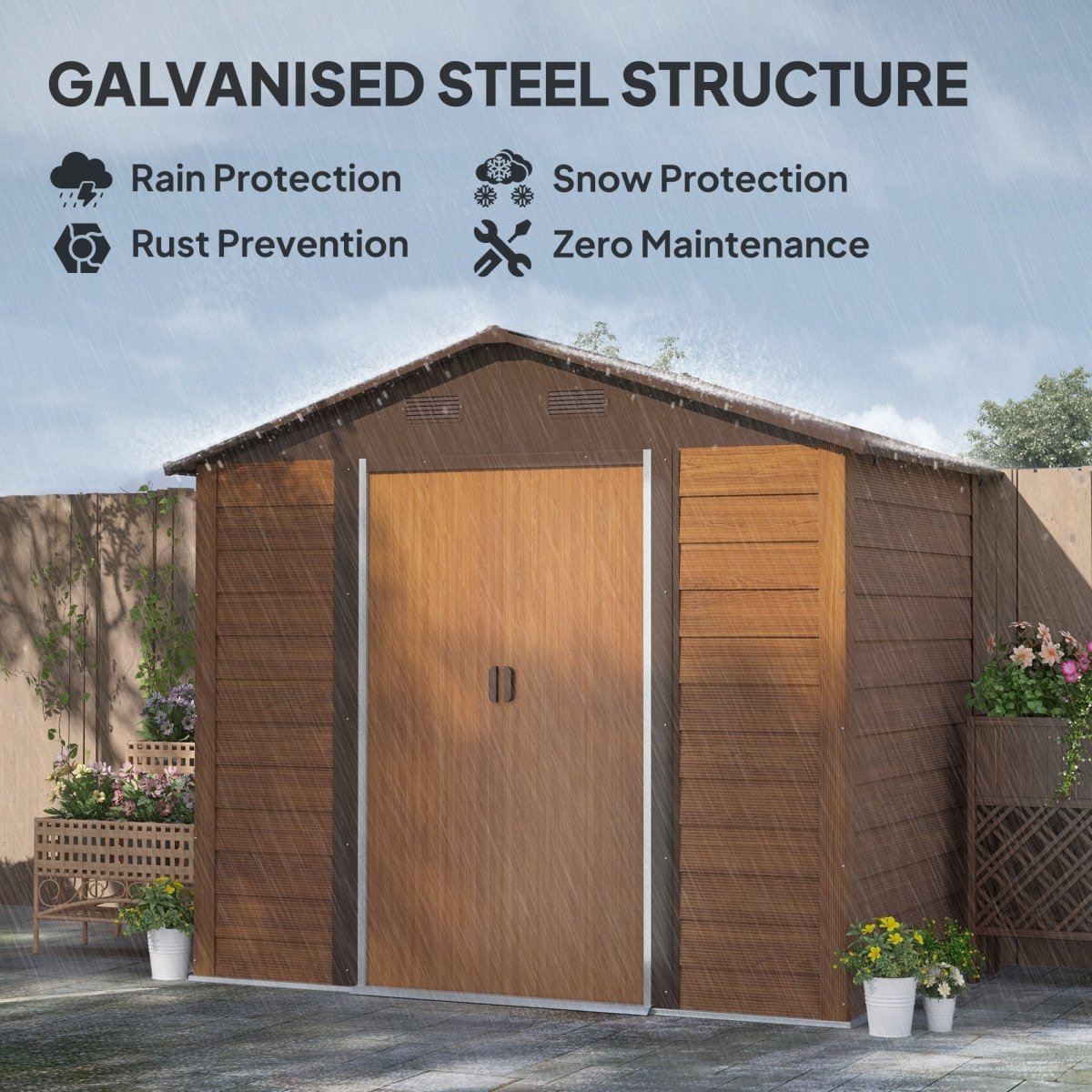 Outsunny 8 x 6ft Garden Storage Shed with Sliding Door - Brown Wood Effect - Dandys Landscape Supplies