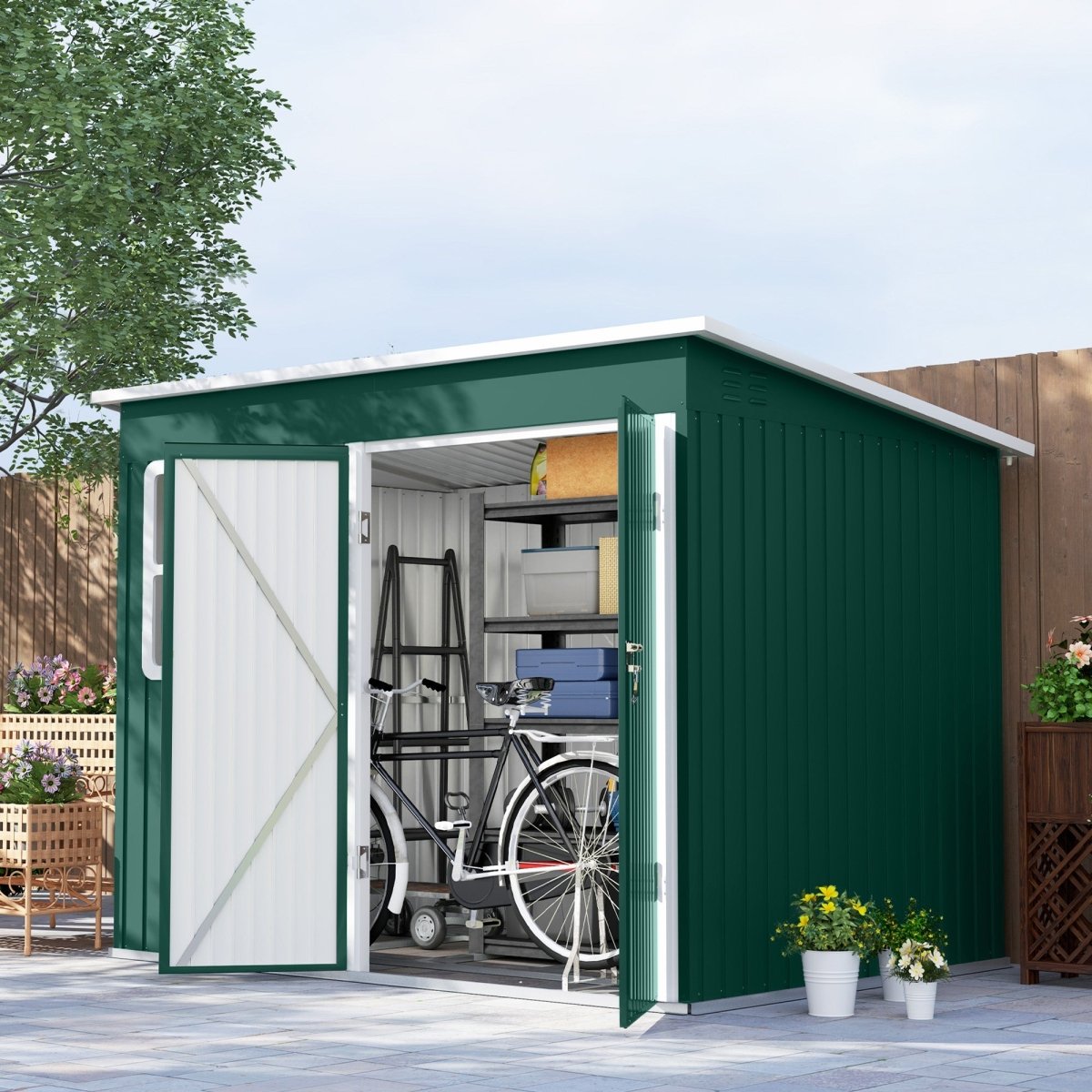 Outsunny 8.5 x 6ft Storage Shed Galvanised Steel Garden Shed, Metal Shed with Foundation Kit, Window, Lockable Wide Doors and Air Vents for Outdoor Patio, Green - Dandys Landscape Supplies