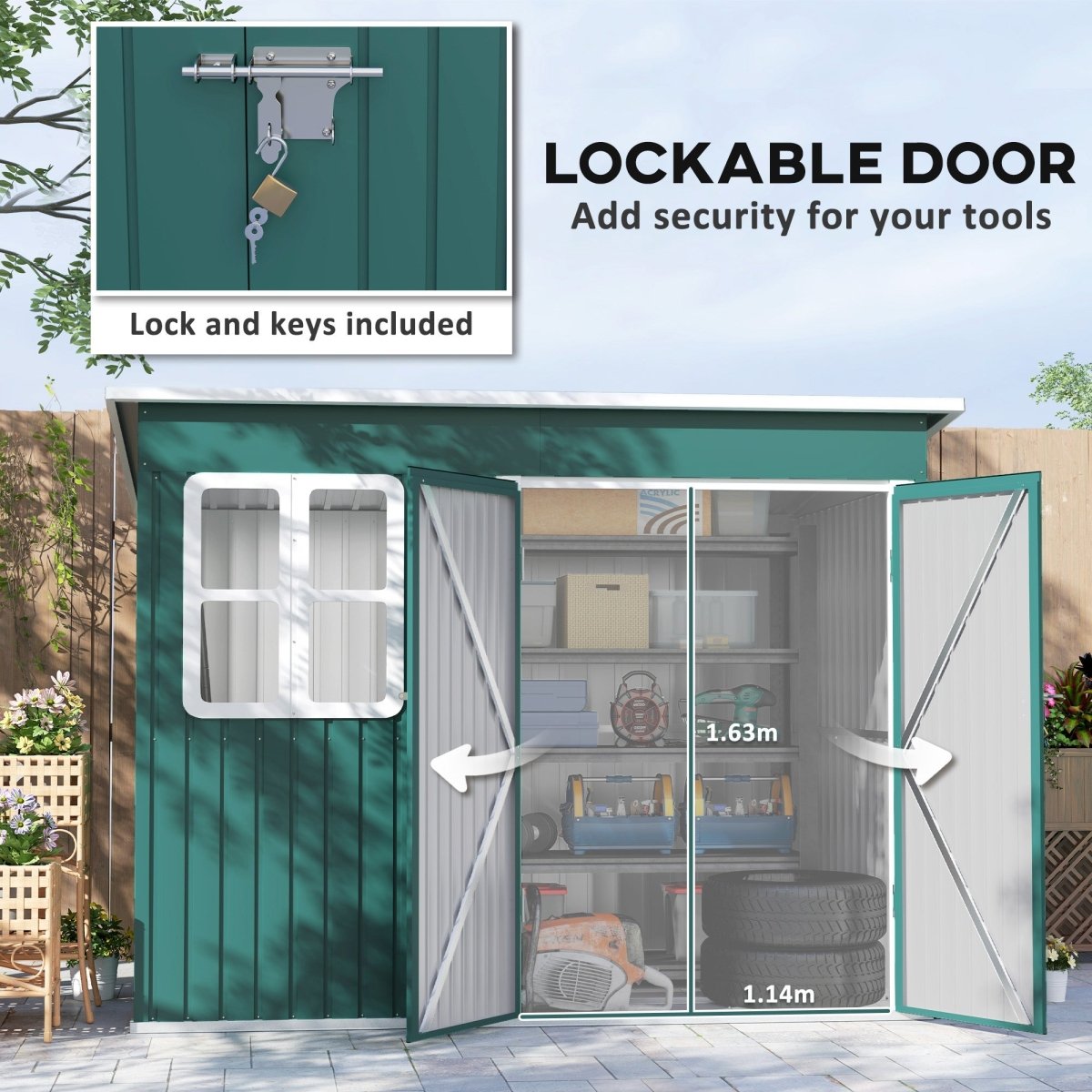Outsunny 8.5 x 6ft Storage Shed Galvanised Steel Garden Shed, Metal Shed with Foundation Kit, Window, Lockable Wide Doors and Air Vents for Outdoor Patio, Green - Dandys Landscape Supplies