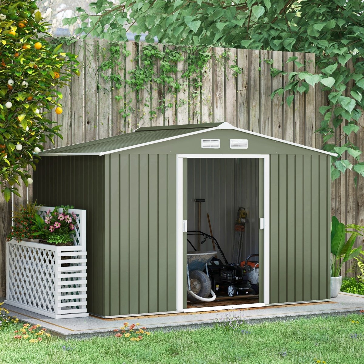 Outsunny 9 x 6ft Metal Garden Shed, Outdoor Storage Tool House with Ventilation Slots, Foundation Kit and Lockable Double Doors, Light Green - Dandys Landscape Supplies