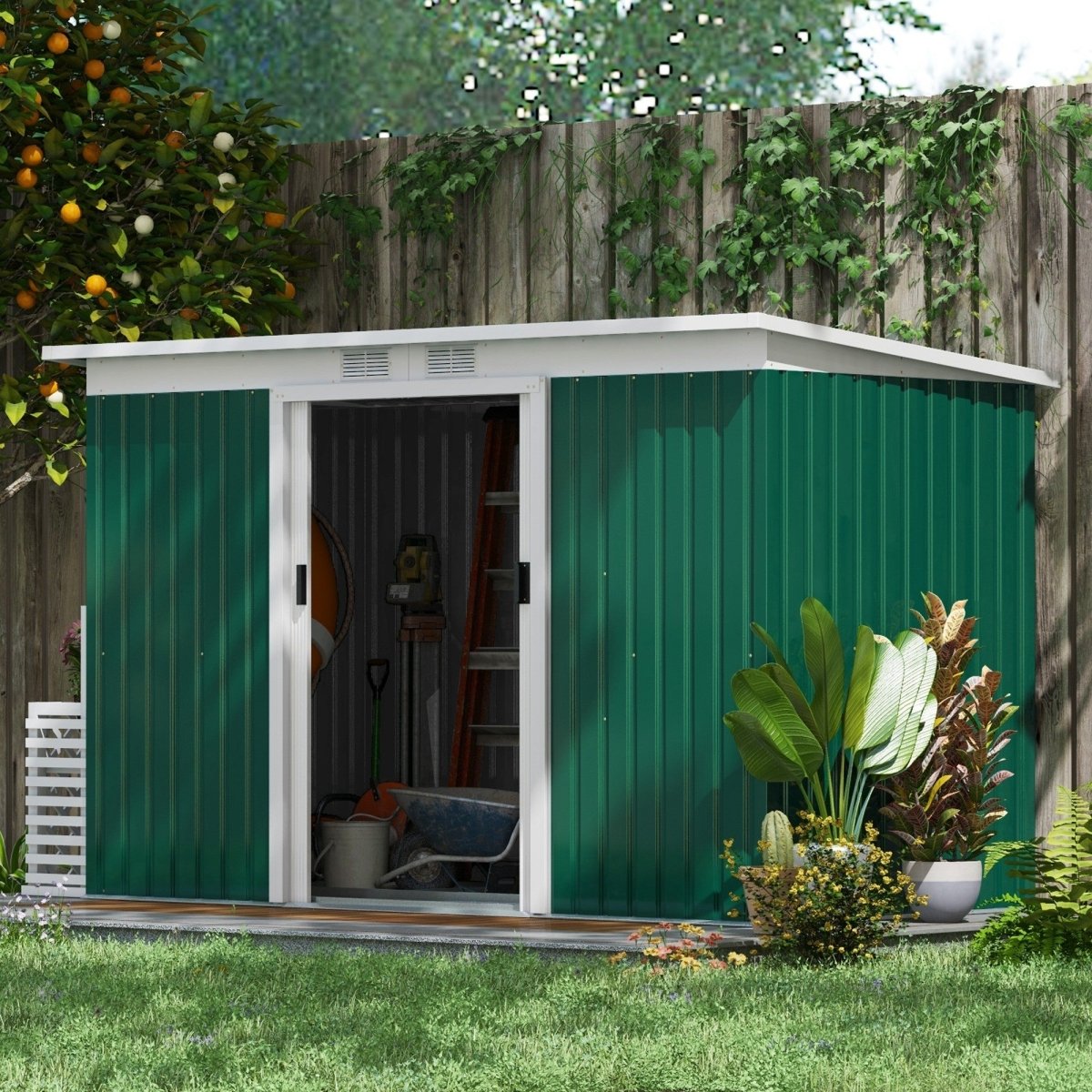 Outsunny 9ft x 4ft Metal Garden Shed, Outdoor Tool House with Foundation Kit, Ventilations and Double Doors, Deep Green - Dandys Landscape Supplies