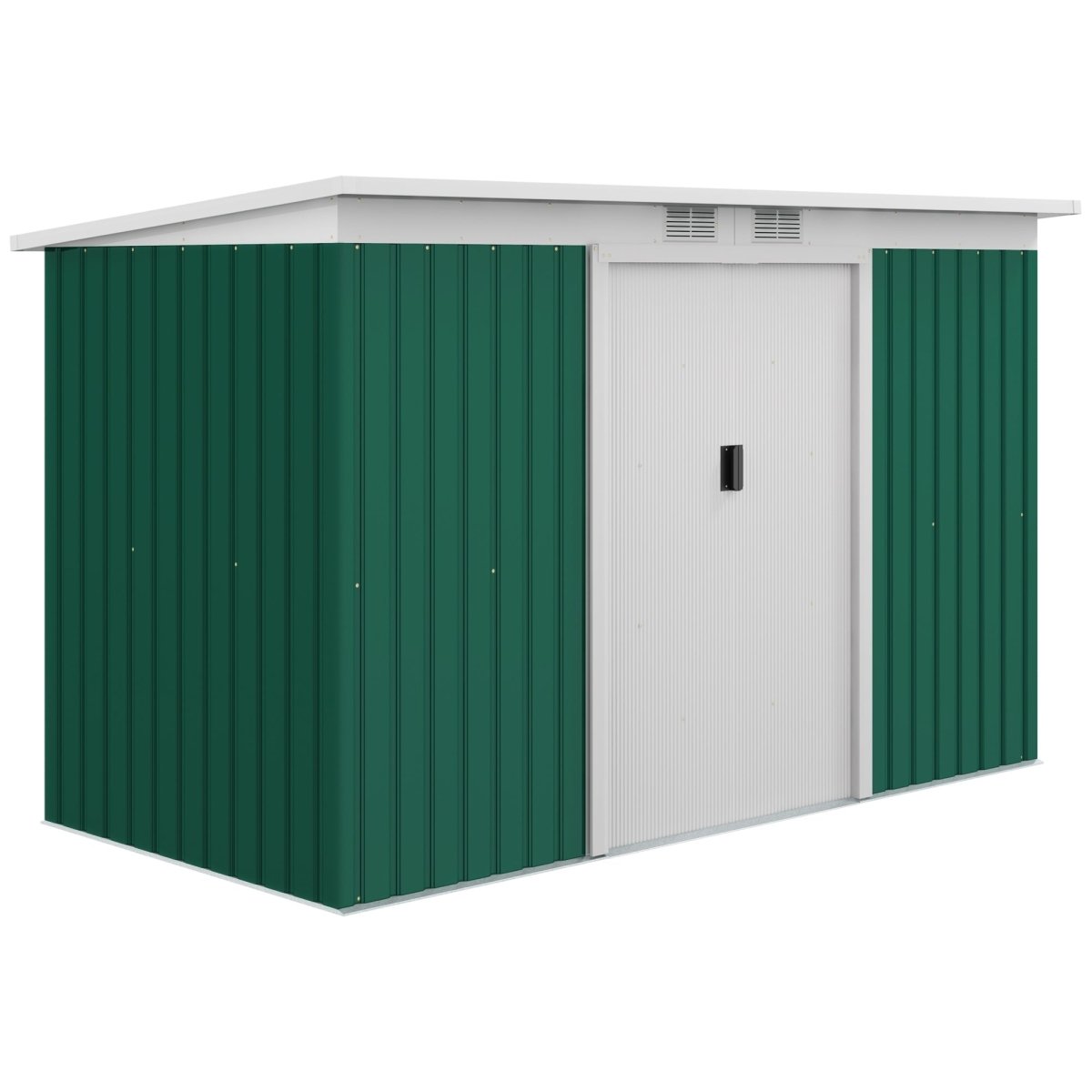Outsunny 9ft x 4ft Metal Garden Shed, Outdoor Tool House with Foundation Kit, Ventilations and Double Doors, Deep Green - Dandys Landscape Supplies