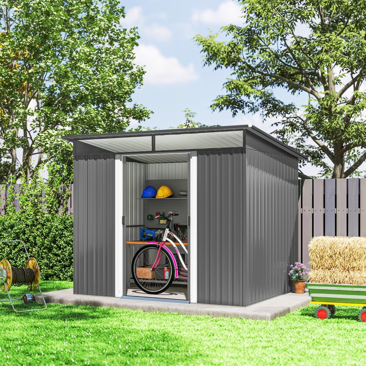 Outsunny 9ft x 6.5ft Garden Storage Shed with Top Window, Metal Outdoor Shed Tool House with Double Doors, Light Grey - Dandys Landscape Supplies