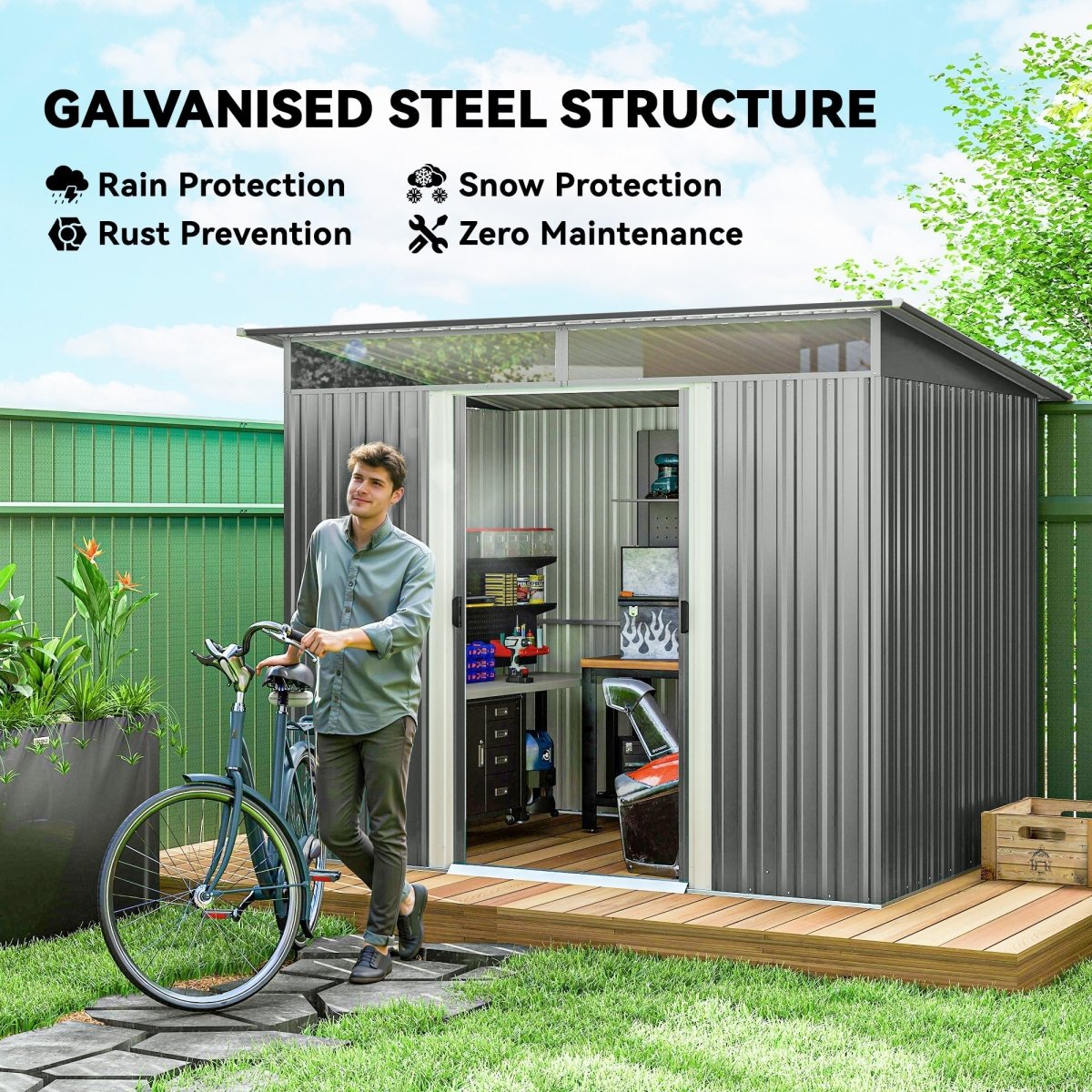 Outsunny 9ft x 6.5ft Garden Storage Shed with Top Window, Metal Outdoor Shed Tool House with Double Doors, Light Grey - Dandys Landscape Supplies