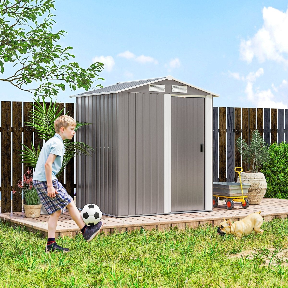 Outsunny Garden Metal Tool Storage Shed with Sliding Door, Sloped Roof and Foundation Kit, 152 x 132 x 188cm, Grey - Dandys Landscape Supplies