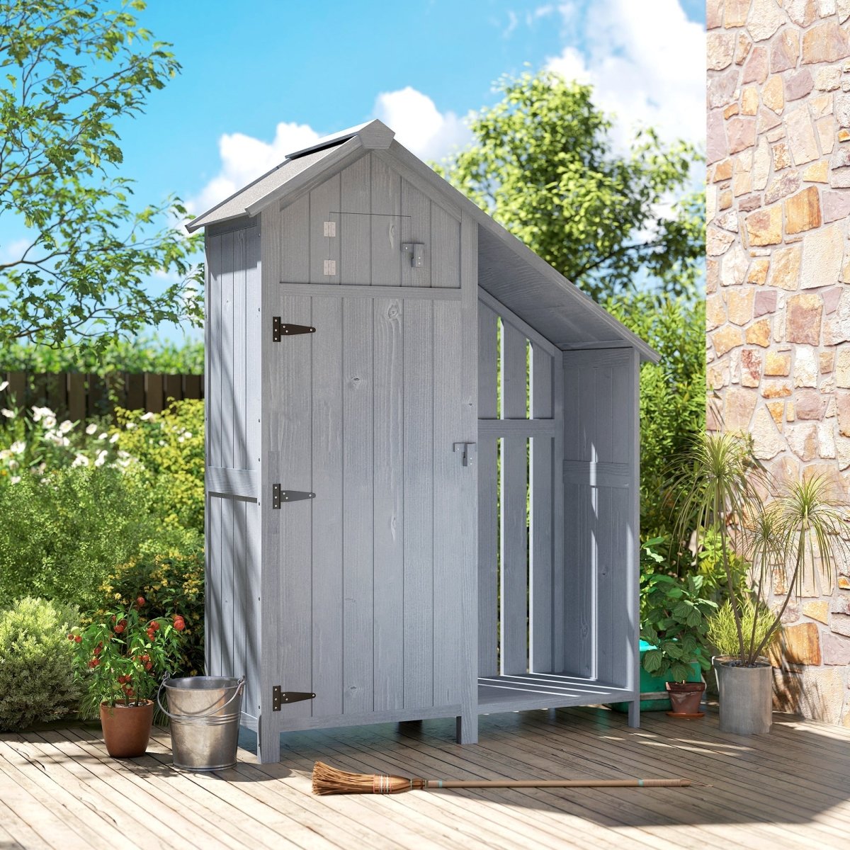 Outsunny Garden Outdoor Storage Shed 3 Shelves Tilt Roof w/ Firewood Rack Log Carrier, 129L x 51.5W x 180H cm - Dandys Landscape Supplies