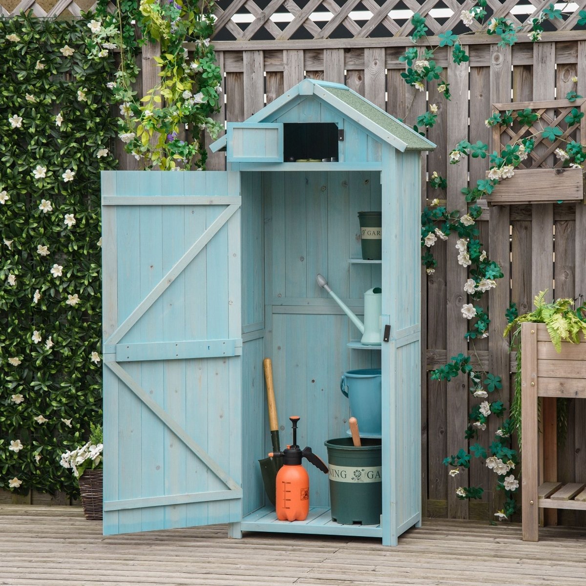 Outsunny Garden Shed Vertical Utility 3 Shelves Shed Wood Outdoor Garden Tool Storage Unit Storage Cabinet, 77 x 54.2 x 179cm - Blue - Dandys Landscape Supplies
