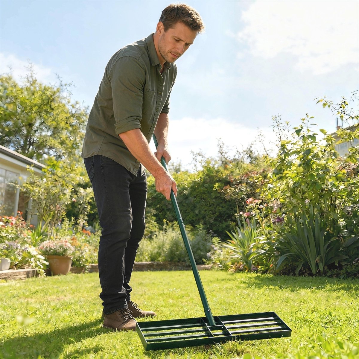 Outsunny Lawn Levelling Rake, 76 x 26 cm Lawn Leveller Lute with 169 cm Handle for Grass Soil Sand Yard Golf Course - Dandys Landscape Supplies