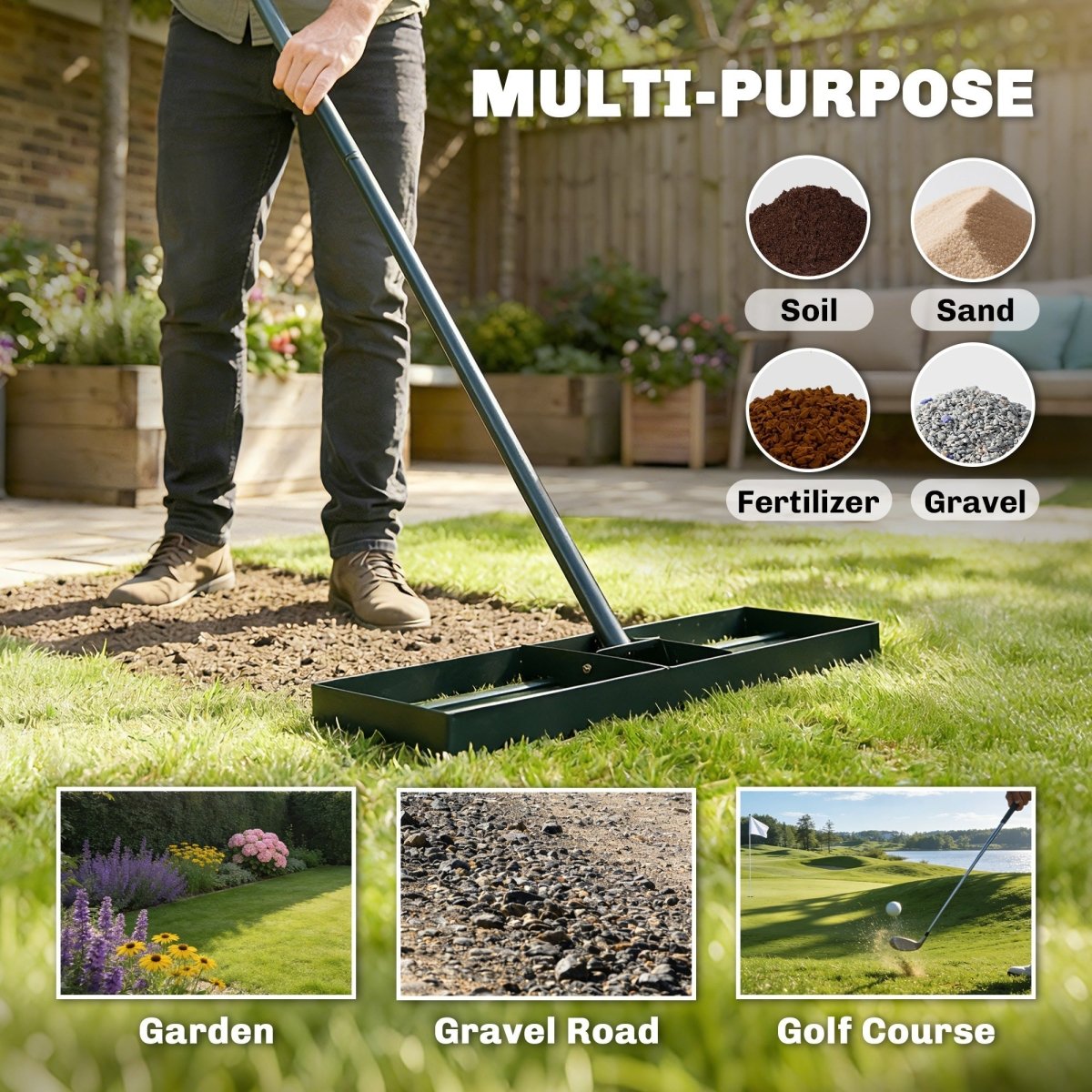 Outsunny Lawn Levelling Rake, 76 x 26 cm Lawn Leveller Lute with 169 cm Handle for Grass Soil Sand Yard Golf Course - Dandys Landscape Supplies