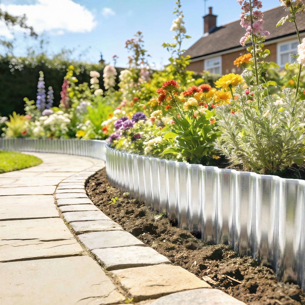 Outsunny Metal Garden Edging Border, 8 in x 21.3 ft Corrugated Heavy Duty Galvanised Steel Lawn Edging, Silver Tone - Dandys Landscape Supplies