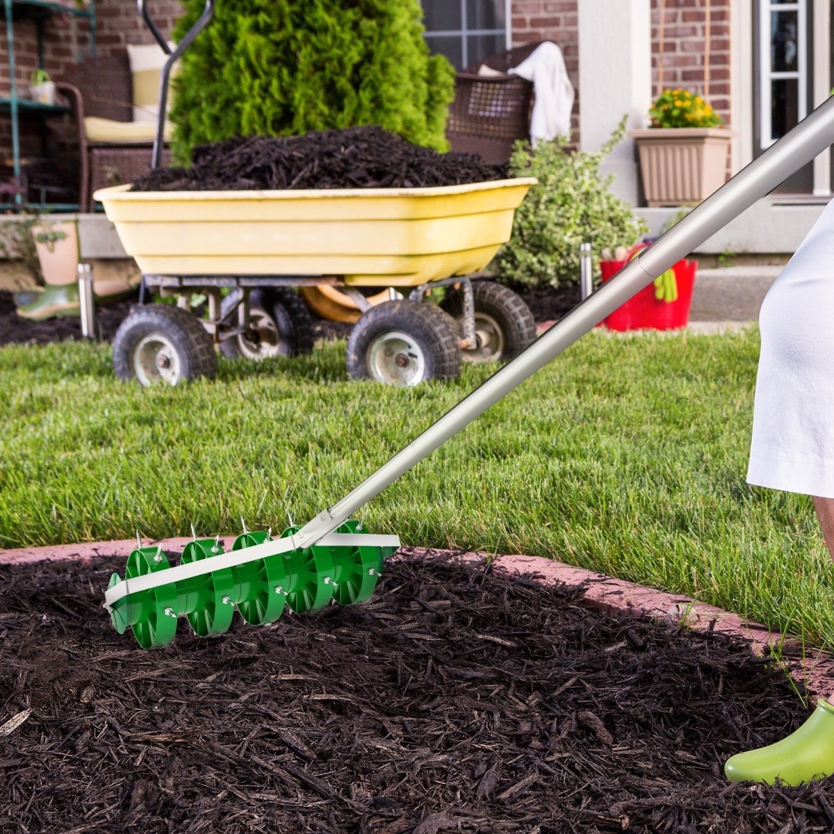 Outsunny Rolling Lawn Aerator, Manual Grass Spike Roller, Heavy Duty Garden Aerator with 3 Piece Detachable Handle and T-bar Grip, Outdoor Garden Lawn Tool, Dark Green - Dandys Landscape Supplies