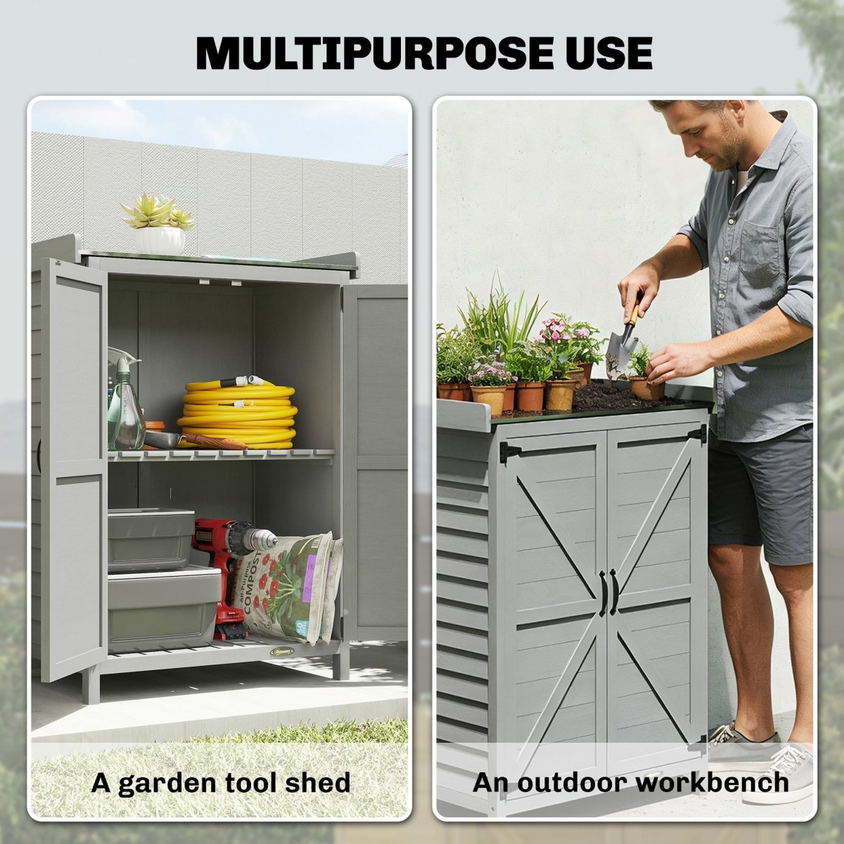 Outsunny Wooden Garden Shed, Garden Tool Storage Shed with Shelf and Side Hooks, 71.5 x 39 x 95 cm, Grey - Dandys Landscape Supplies