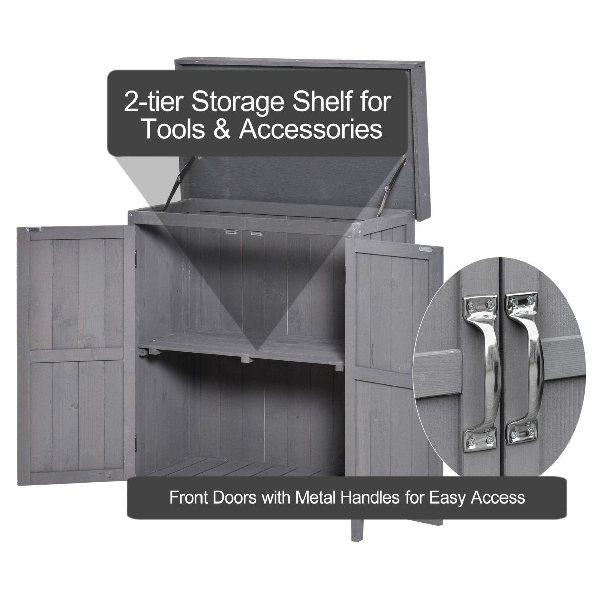 Outsunny Wooden Garden Storage Shed with Hinged Roof and Shelves, Outdoor Storage Cabinet Chest, Double Doors, 74 x 43 x 88cm, Grey - Dandys Landscape Supplies