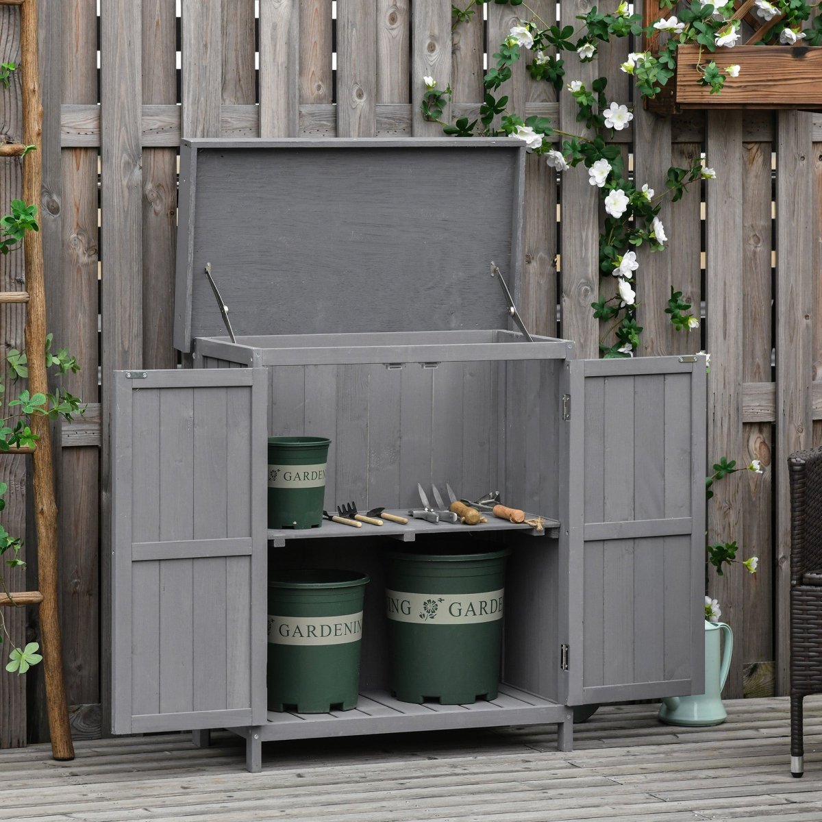 Outsunny Wooden Garden Storage Shed with Hinged Roof and Shelves, Outdoor Storage Cabinet Chest, Double Doors, 74 x 43 x 88cm, Grey - Dandys Landscape Supplies